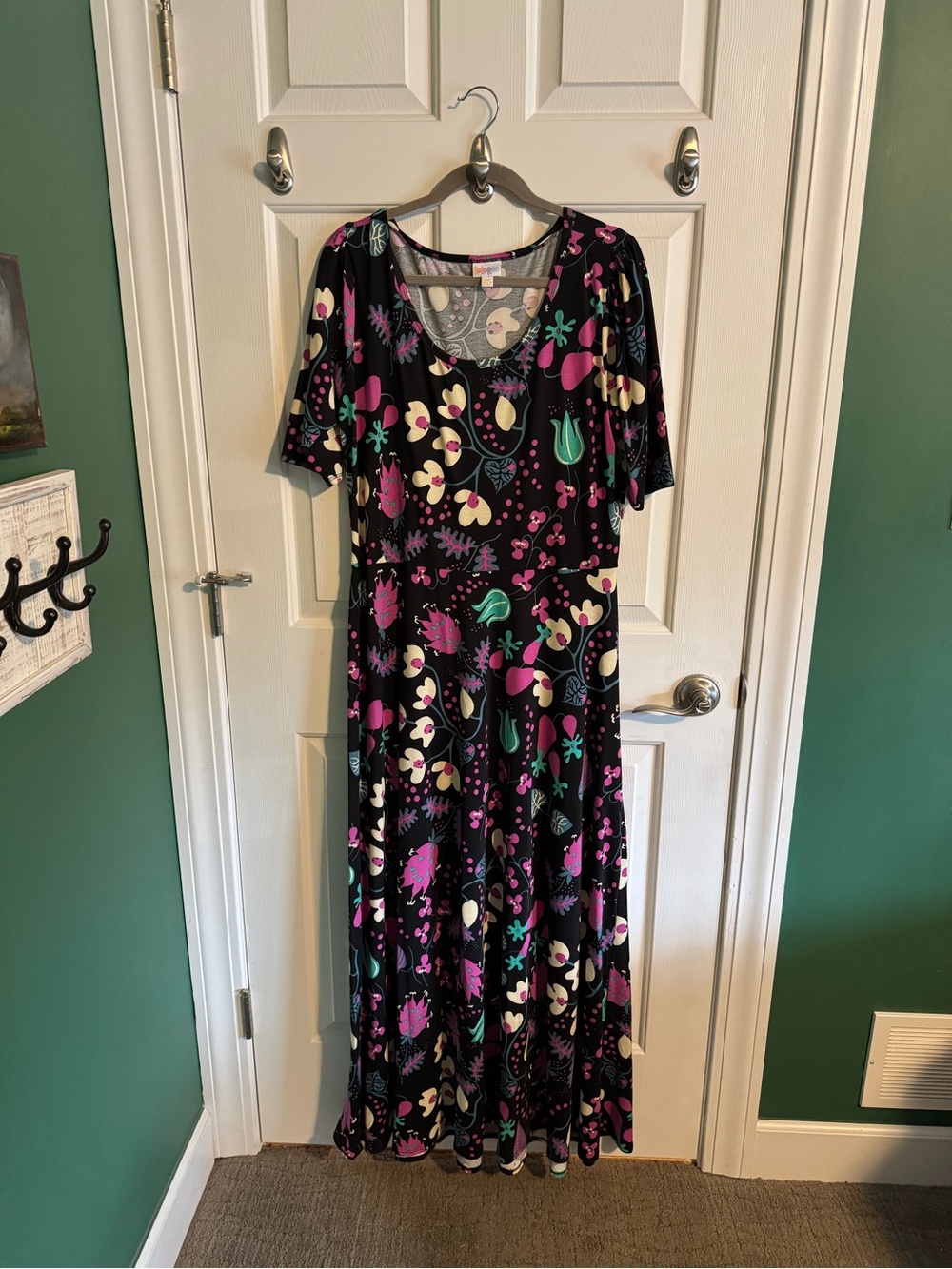 Lularoe Women’s 3x Black Floral Maxi Dress with Pink & Teal Accents